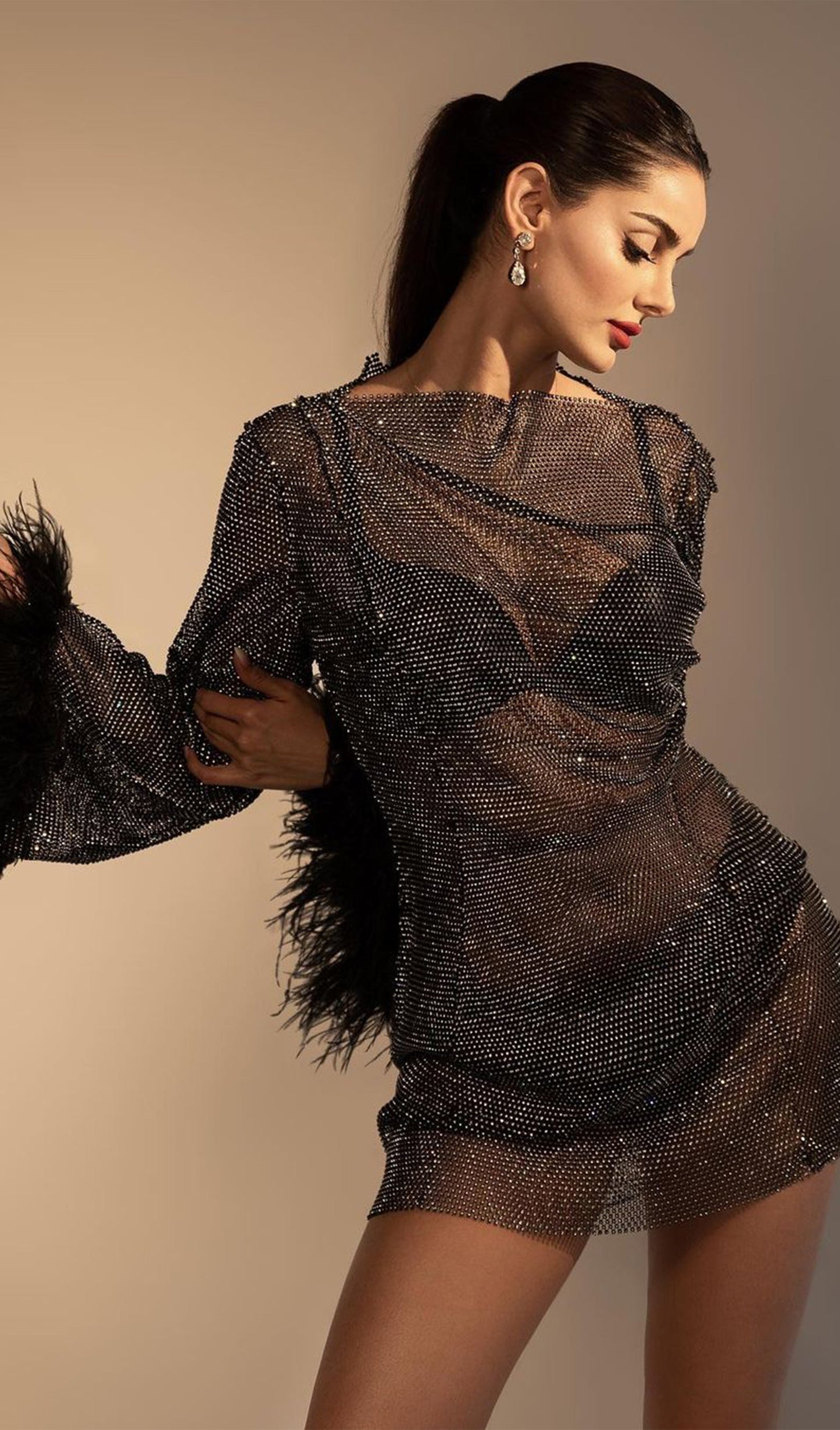 Şeffaf Rhinestone Mini Elbise-Siyah