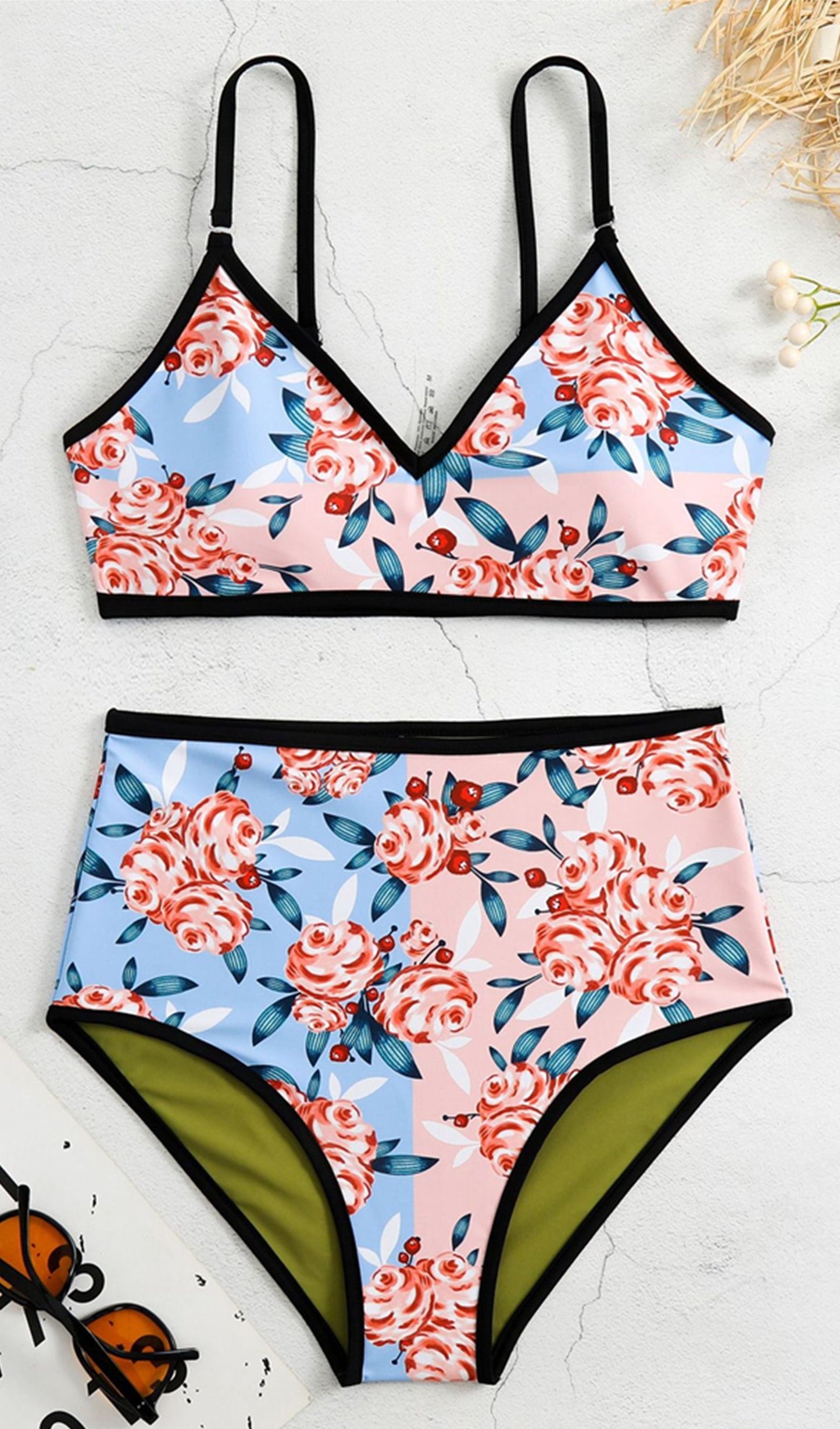 Tersinir Çiçekli Bikini Takımı Mayo Yeşil