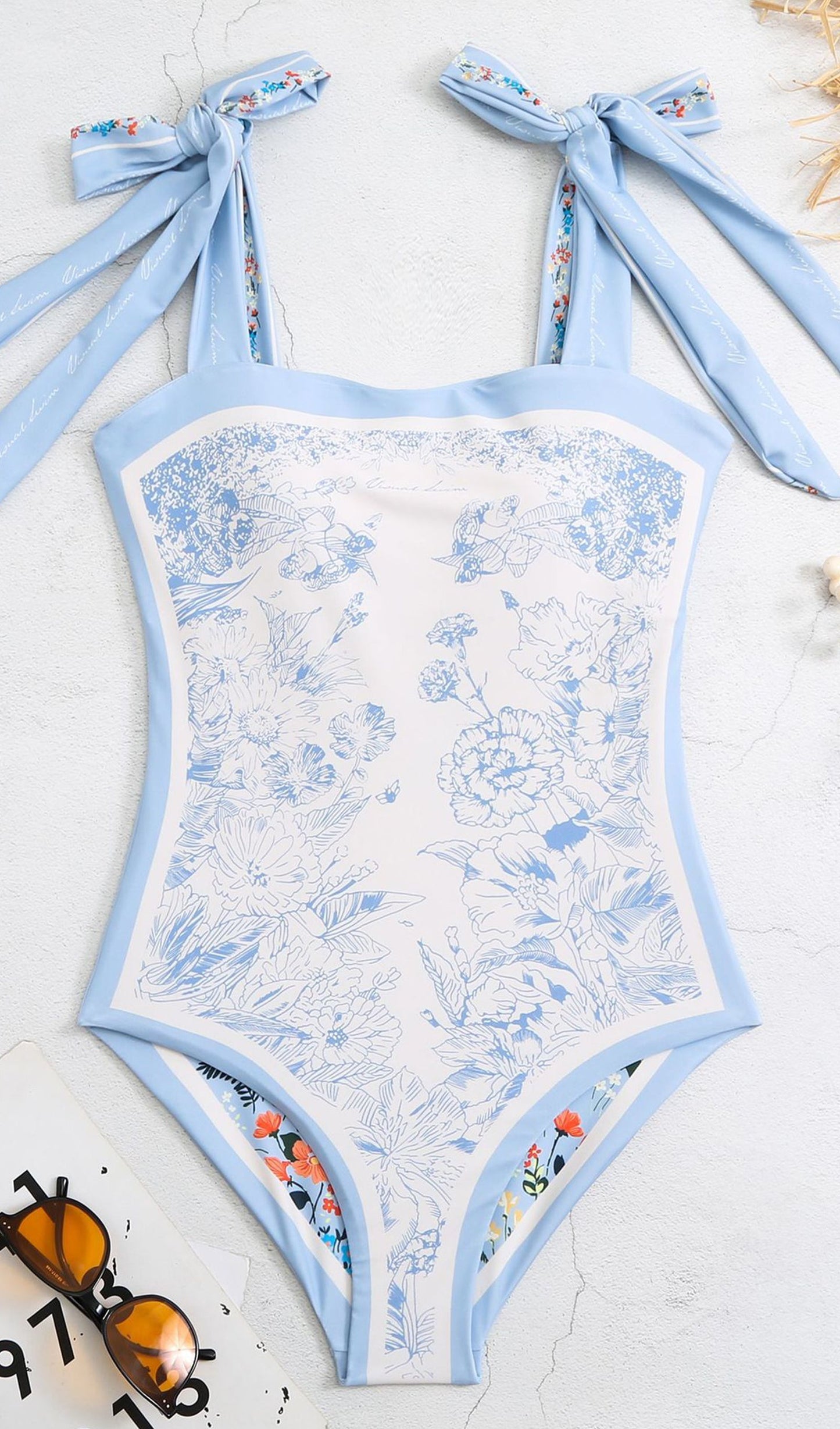 Tersinir Çiçekli Tek Parça Mayo Mavi