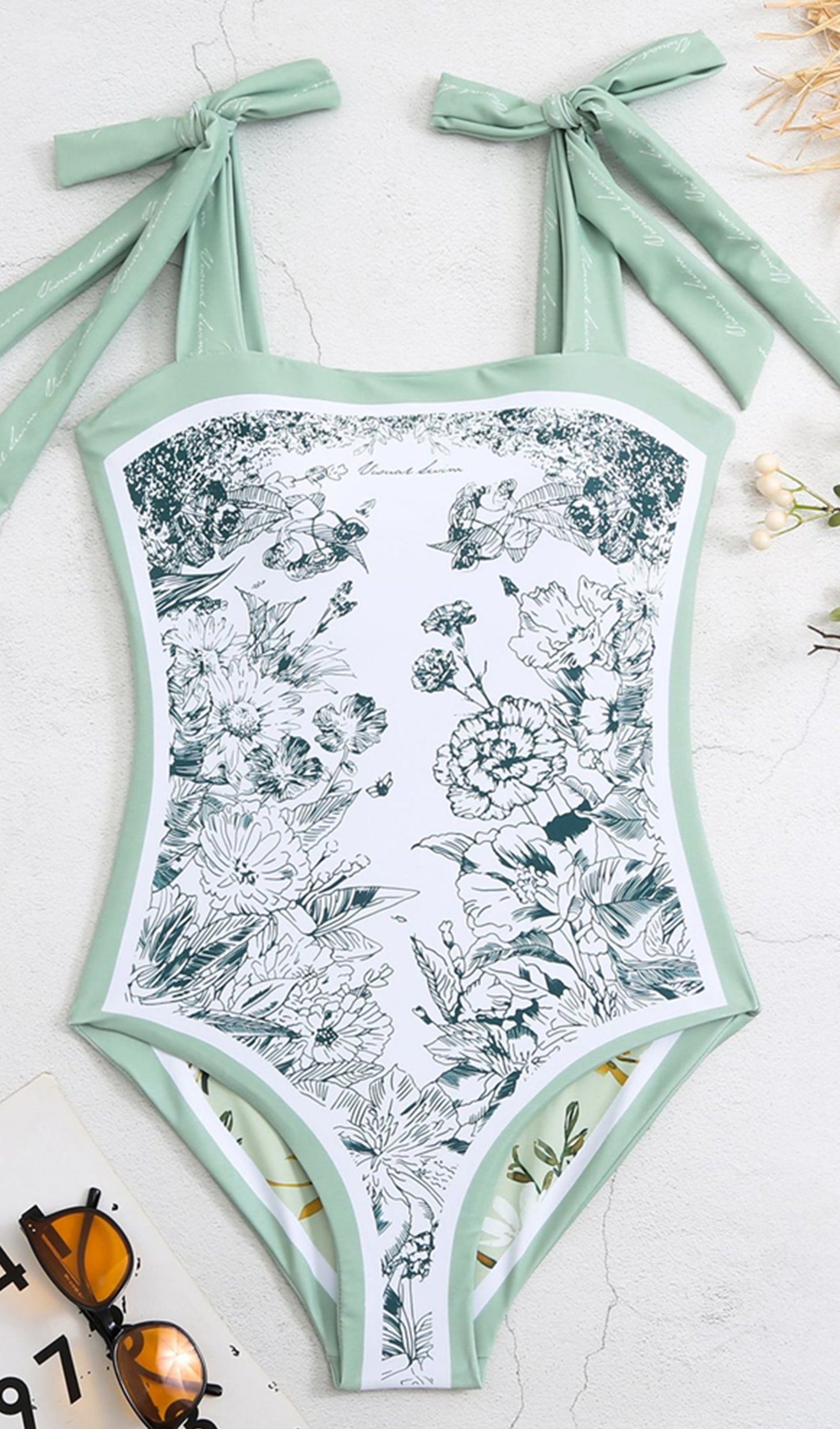 Tersinir Çiçekli Tek Parça Mayo Yeşil