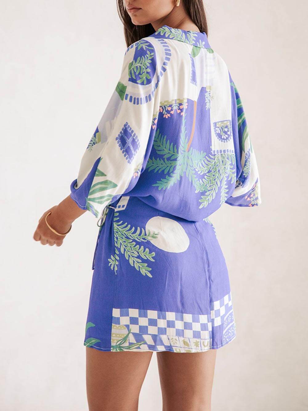 Eşsiz Baskılı Bol Gömlek ve Elastik Bel Şal Bağcıklı Etek Takımı