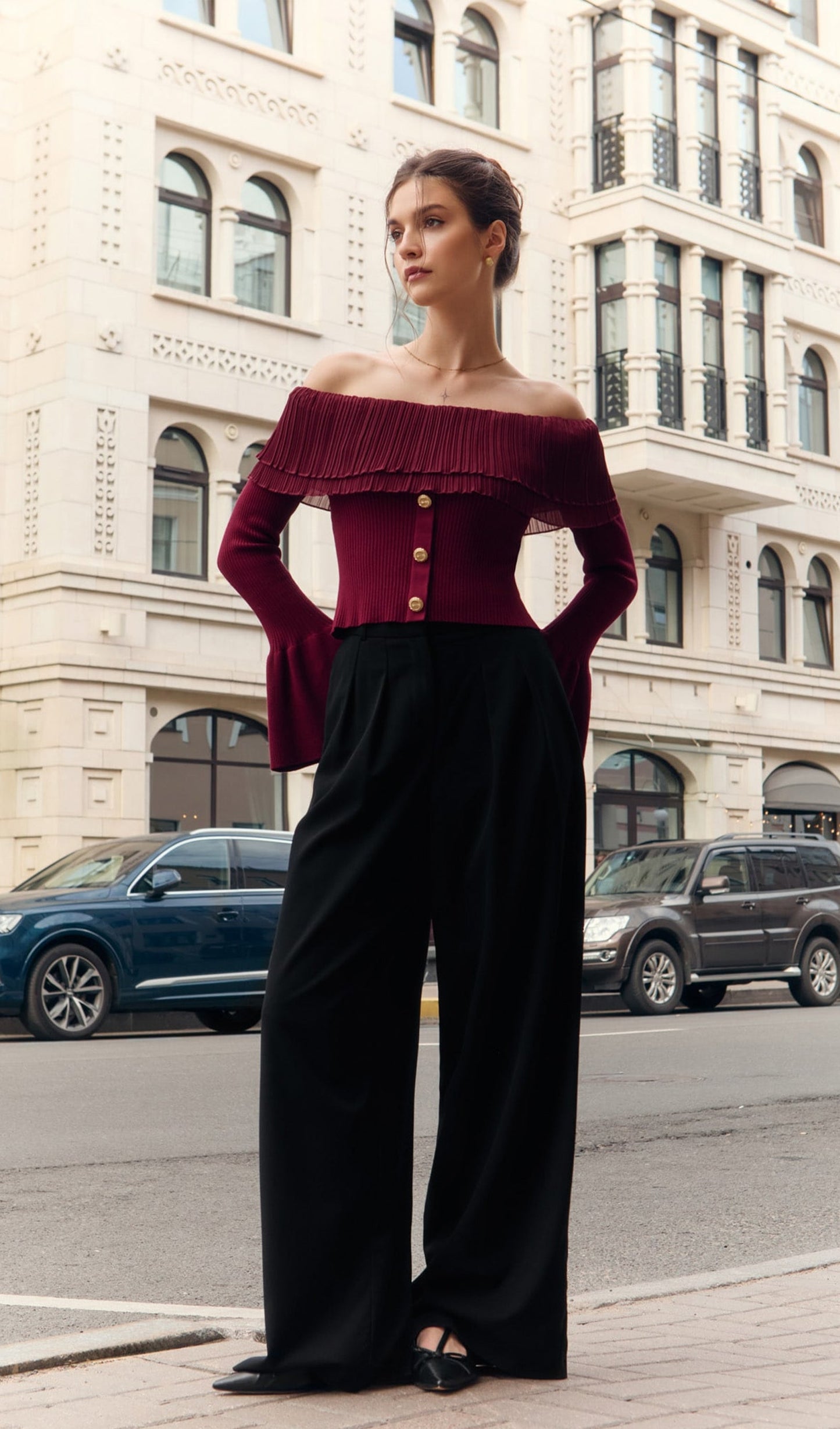Fitted Omuzları Açık Üst-Marun