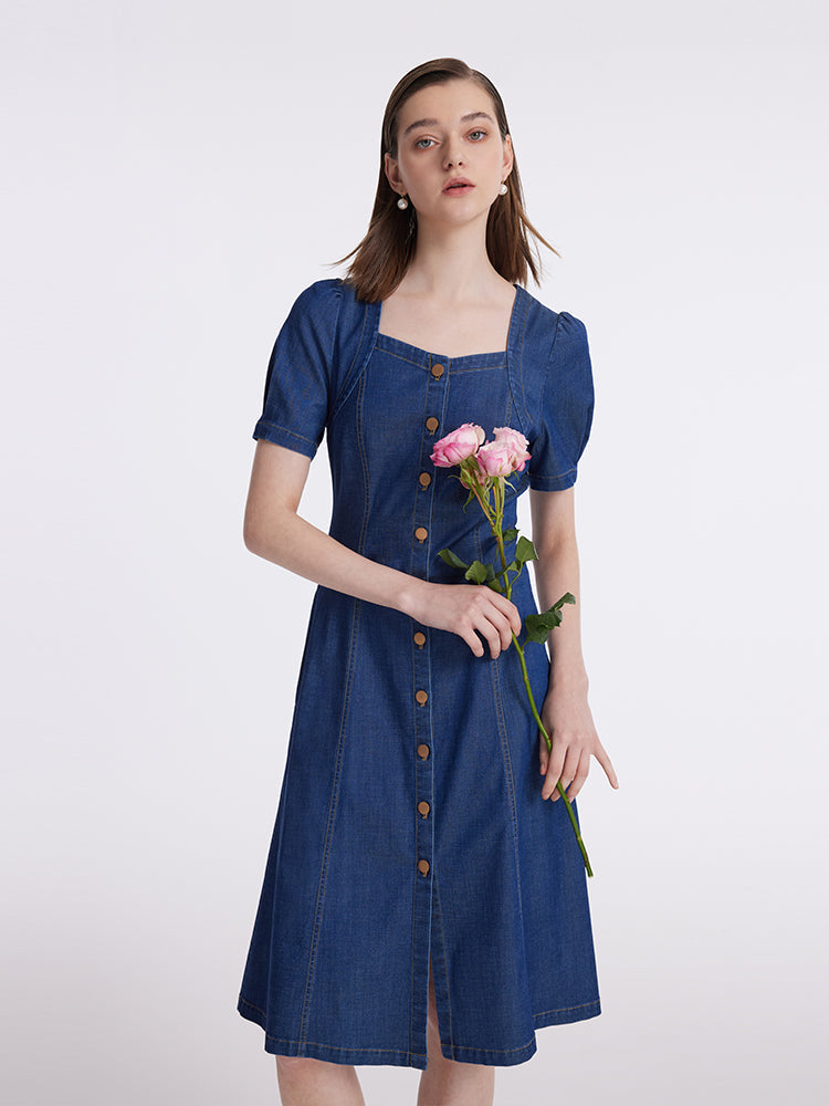 Denim Puf Kollu Tek Göğüslü Kadın Midi Kot Elbise