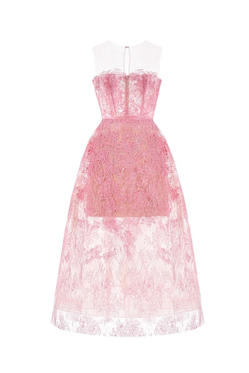 Melinda Dantel Midi Elbise-Pembe