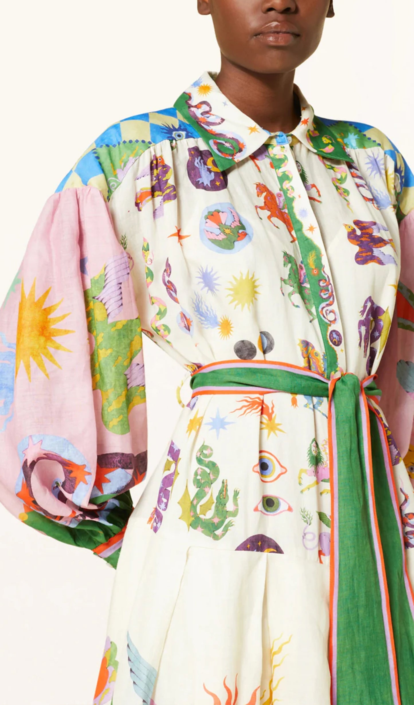 Çiçekli Fener Kollu Kemerli Gömlek Midi Elbise