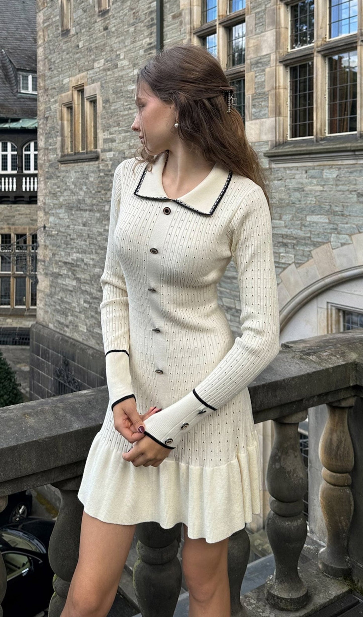 Fitted Dokulu Jersey Mini Elbise-Beyaz