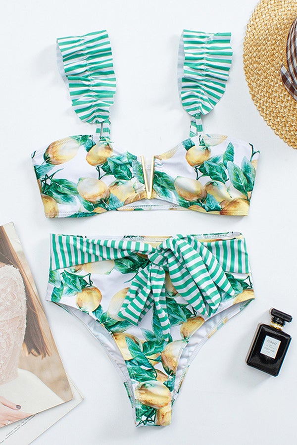 Renkli ve Sevimli Limon Baskılı Bikini Mayo