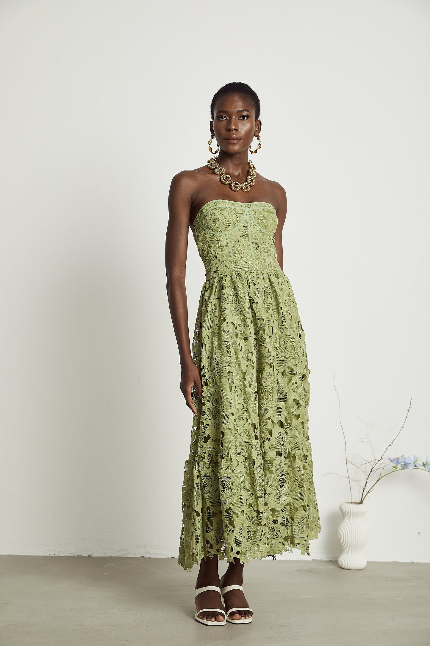 Inès Dantel Cut-Out Midi Elbise