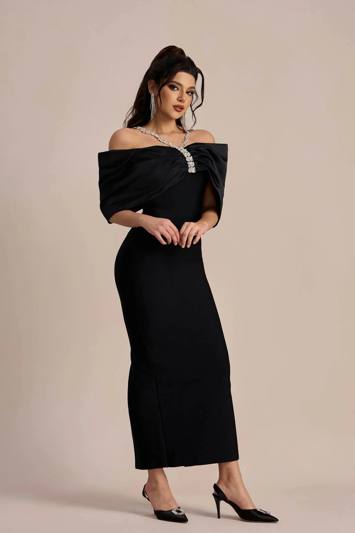 Leonya Omuzları Açık Midi Elbise