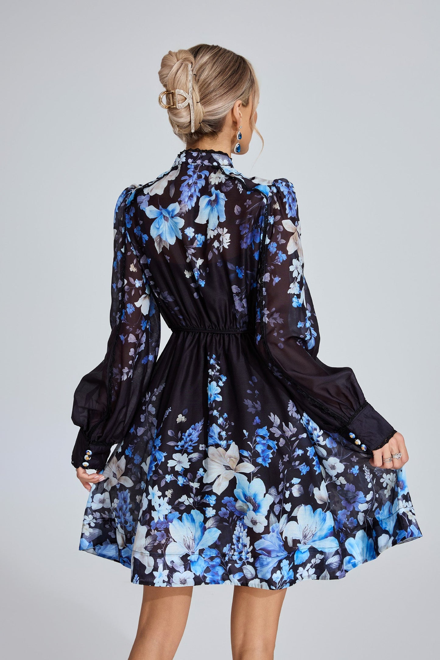 Lucienne Mavi Çiçekli Mini Elbise