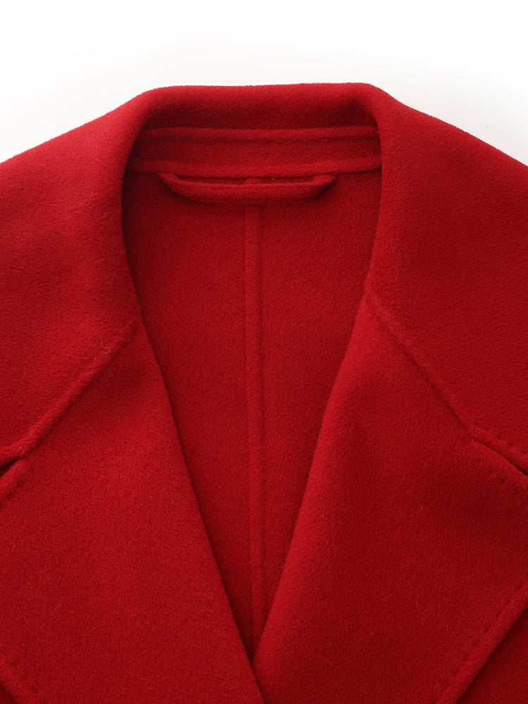 Kaşmir Yün Çift Yüzlü Kırmızı Kadın Kaban