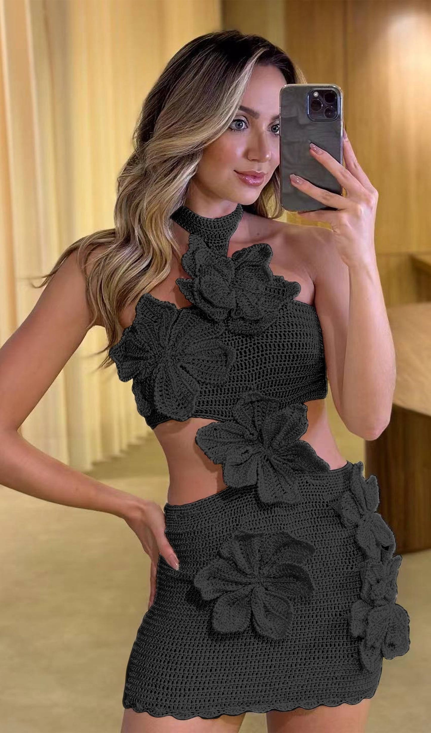Örme Çiçekli Hollow Out Pareo