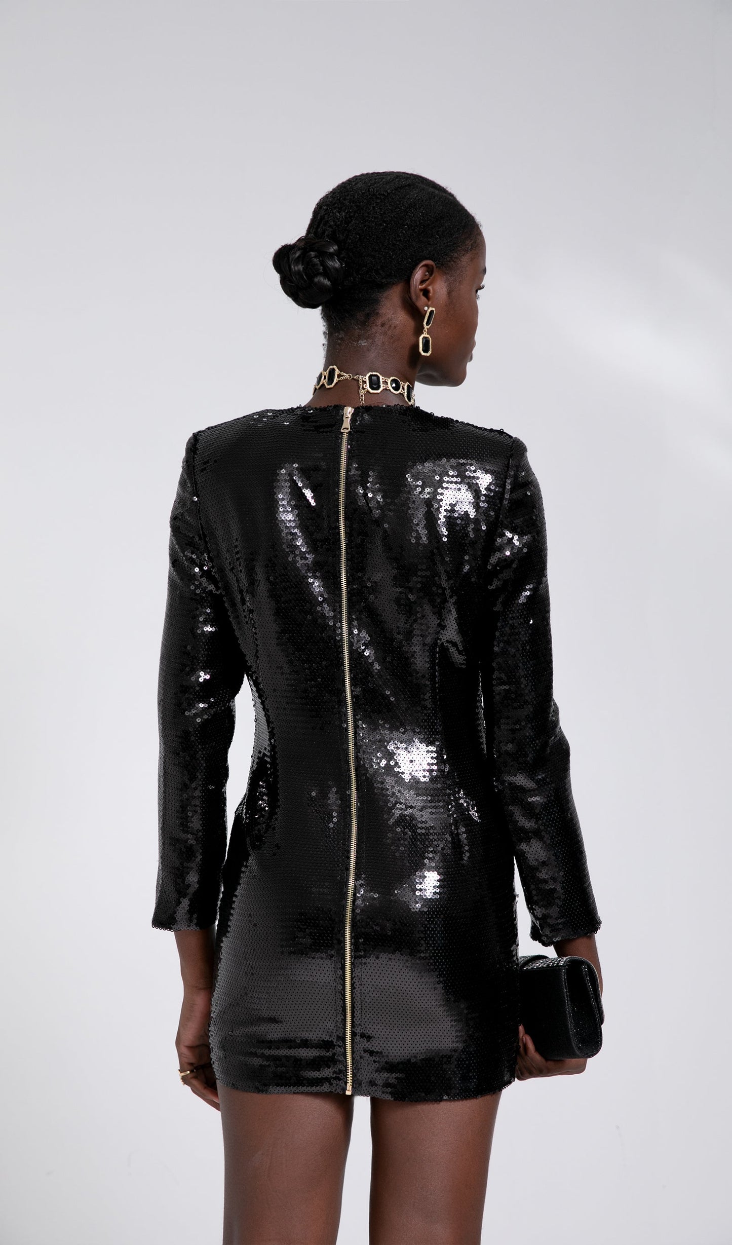 Trendy Streç-Sequin Mini Elbise-Siyah