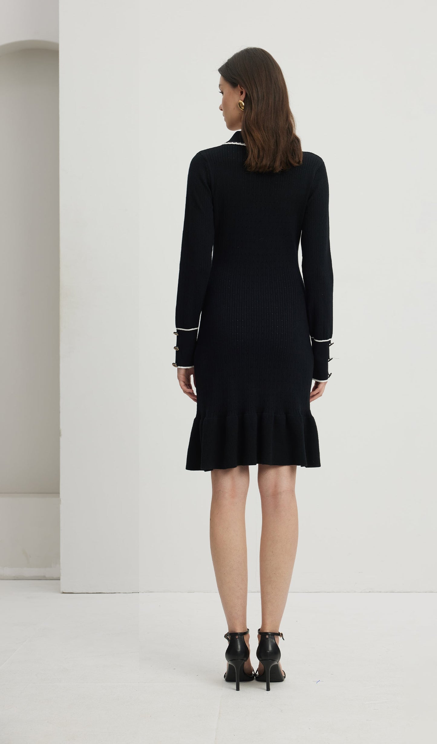 Fitted Textured Jersey Mini Elbise-Siyah