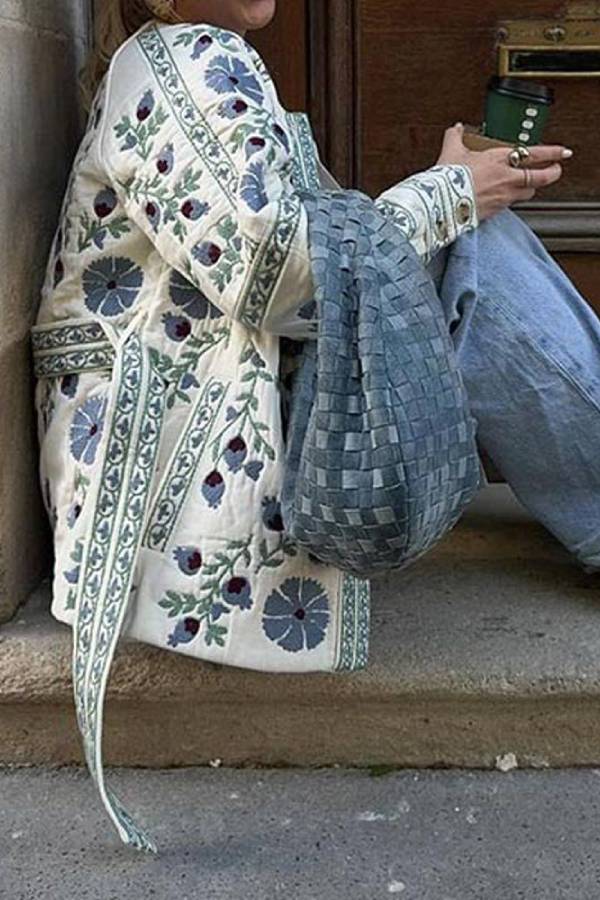 Günlük Sokak Çiçekleri Dantel Yukarı Düğmeler Patchwork O Yaka Dış Giyim