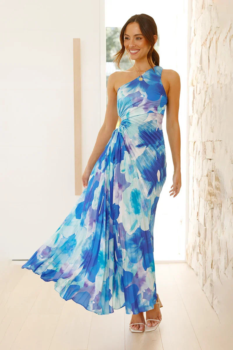 Laken Maxi Elbise - Mavi Çiçekli
