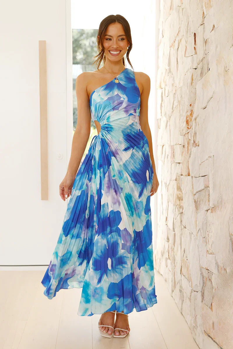 Laken Maxi Elbise - Mavi Çiçekli