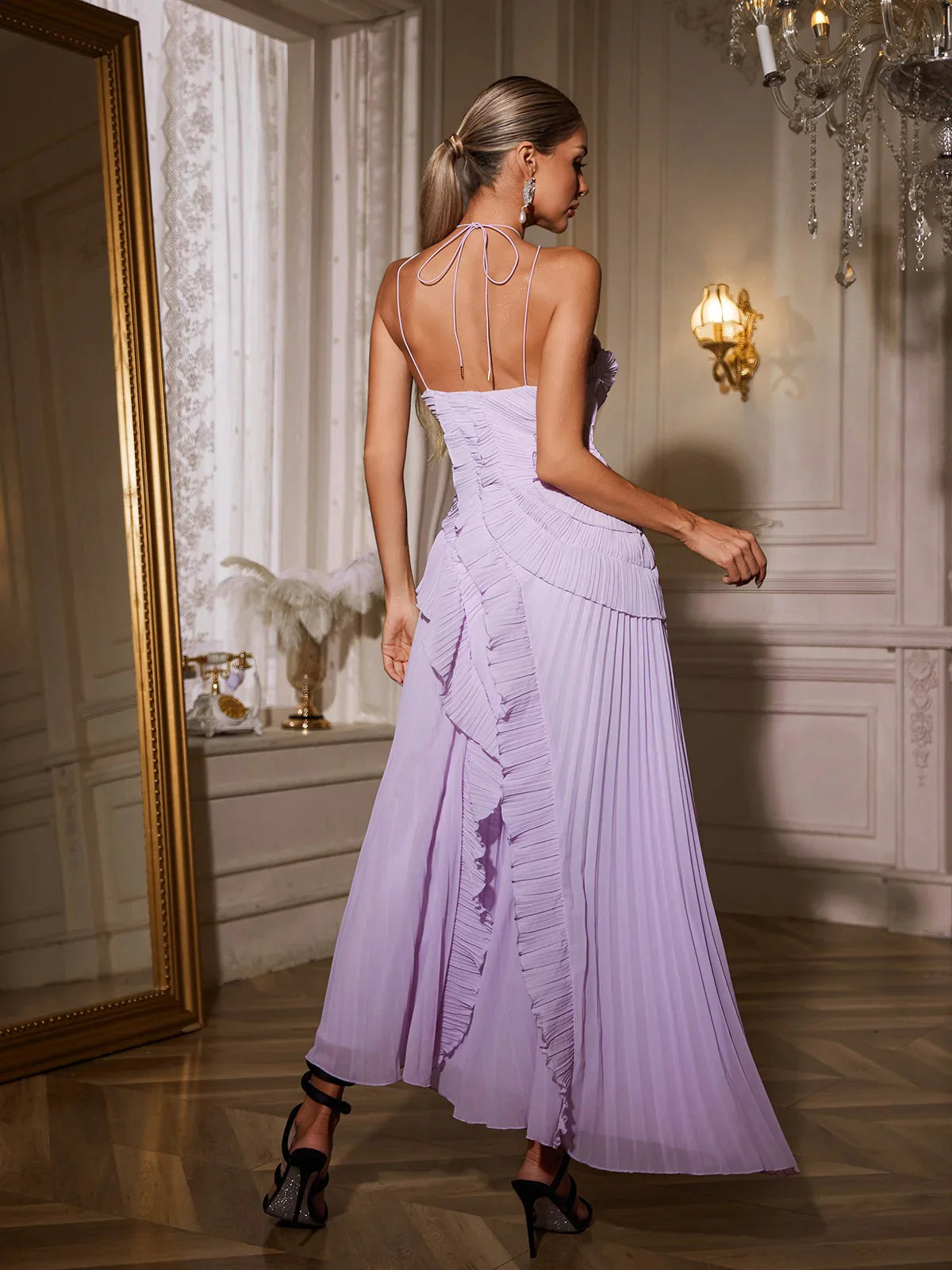 Amelie Pileli Fırfırlı Maxi Elbise