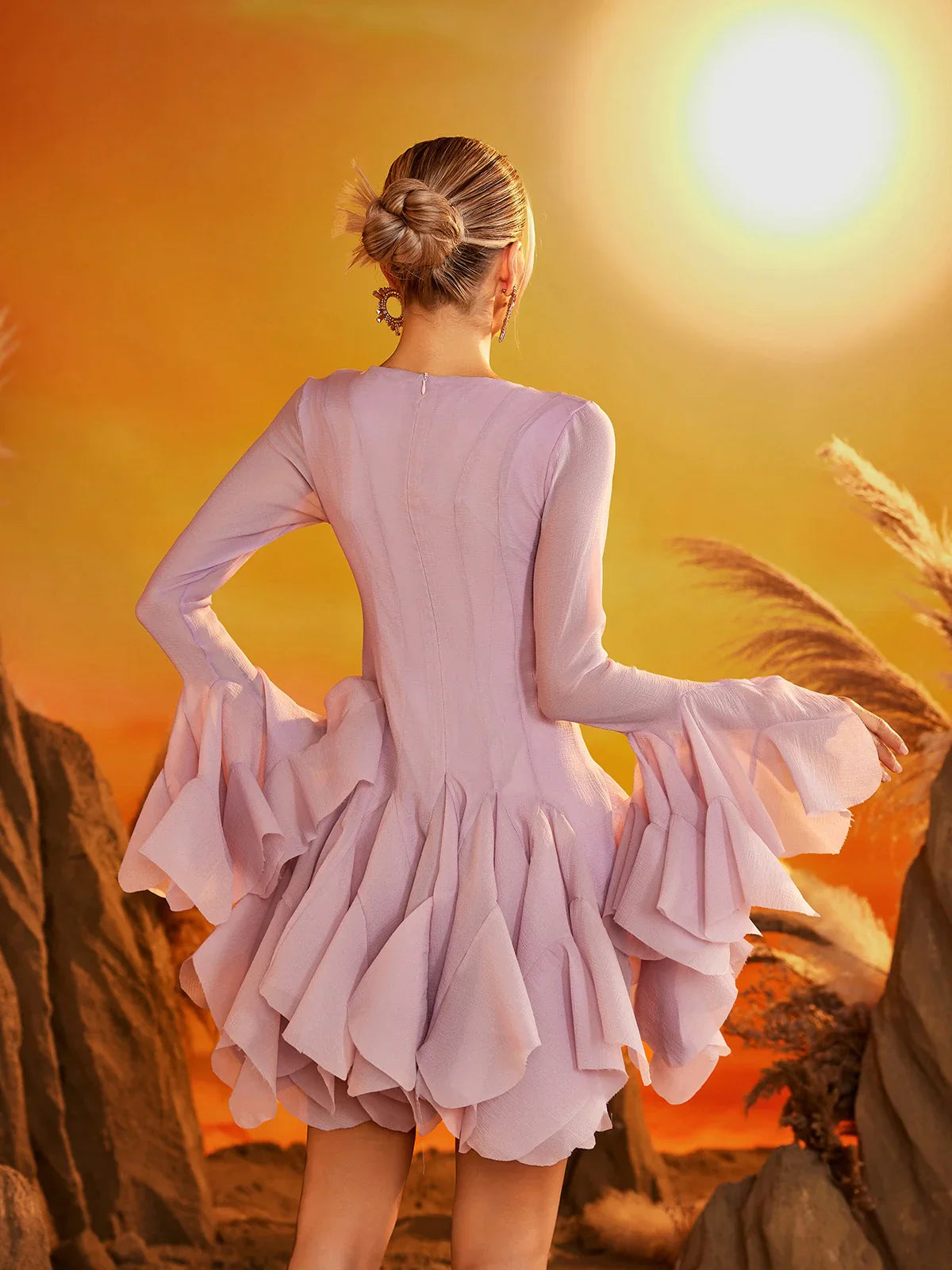 Lila Bell Fırfırlı Mini Elbise