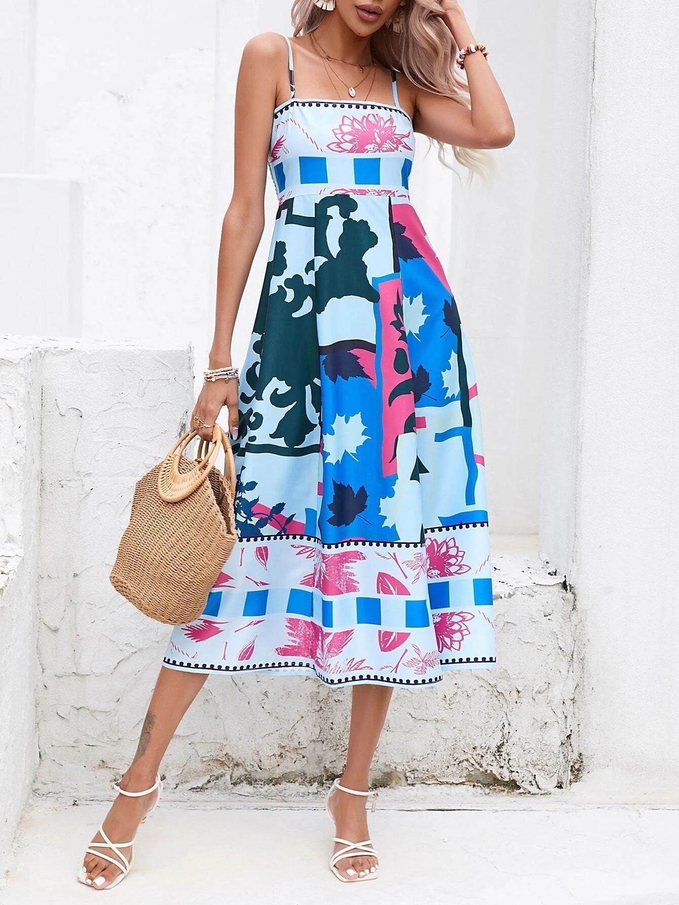 Soyut Patchwork Slip Maksi Elbise