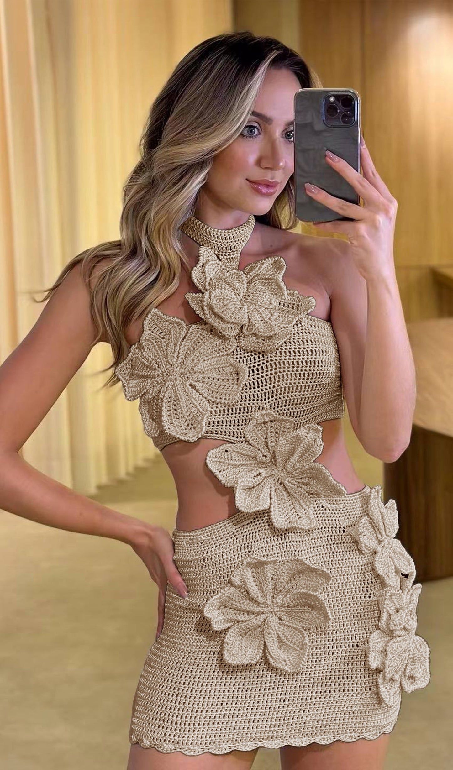 Örme Çiçekli Hollow Out Pareo