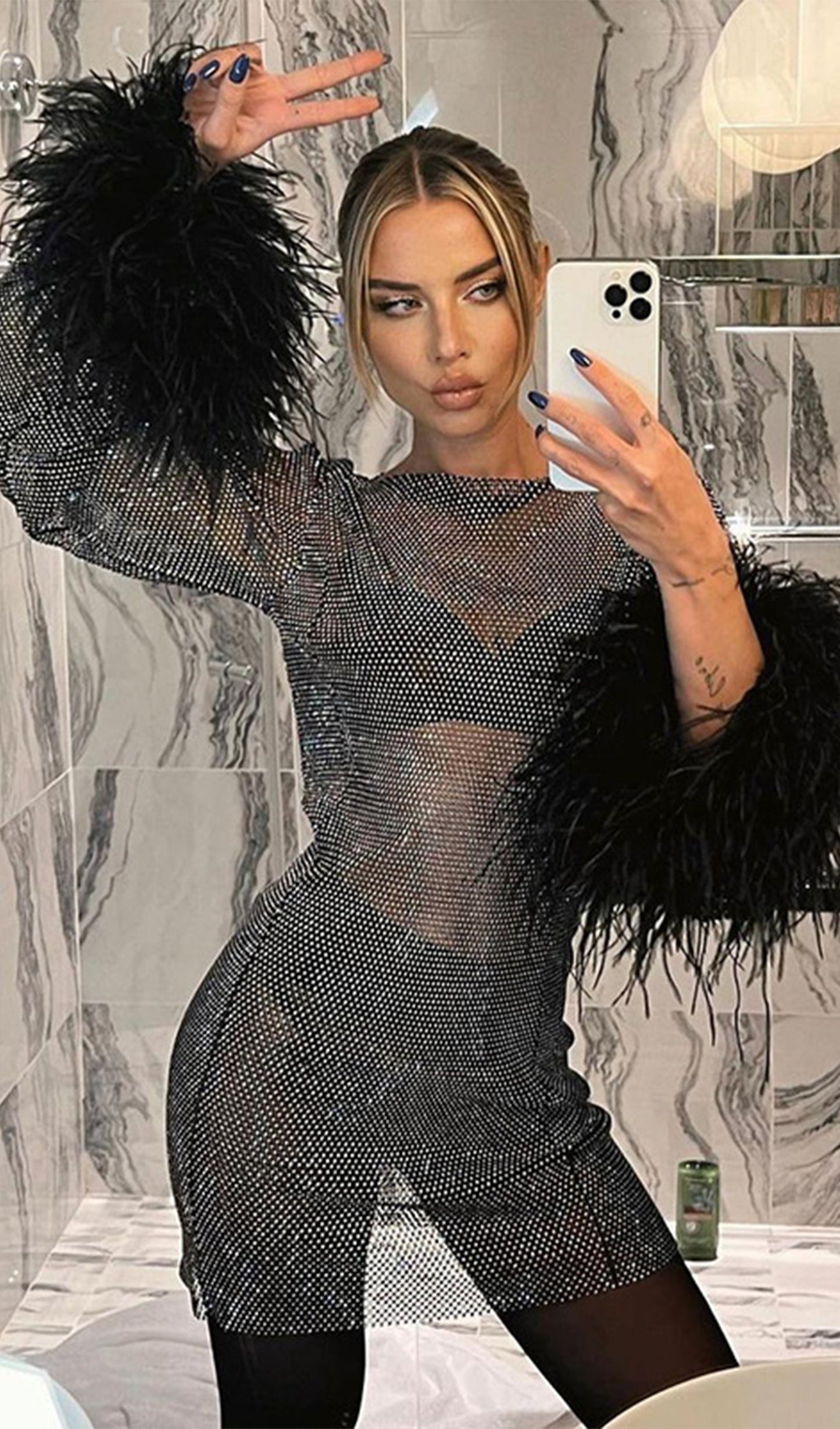 Şeffaf Rhinestone Mini Elbise