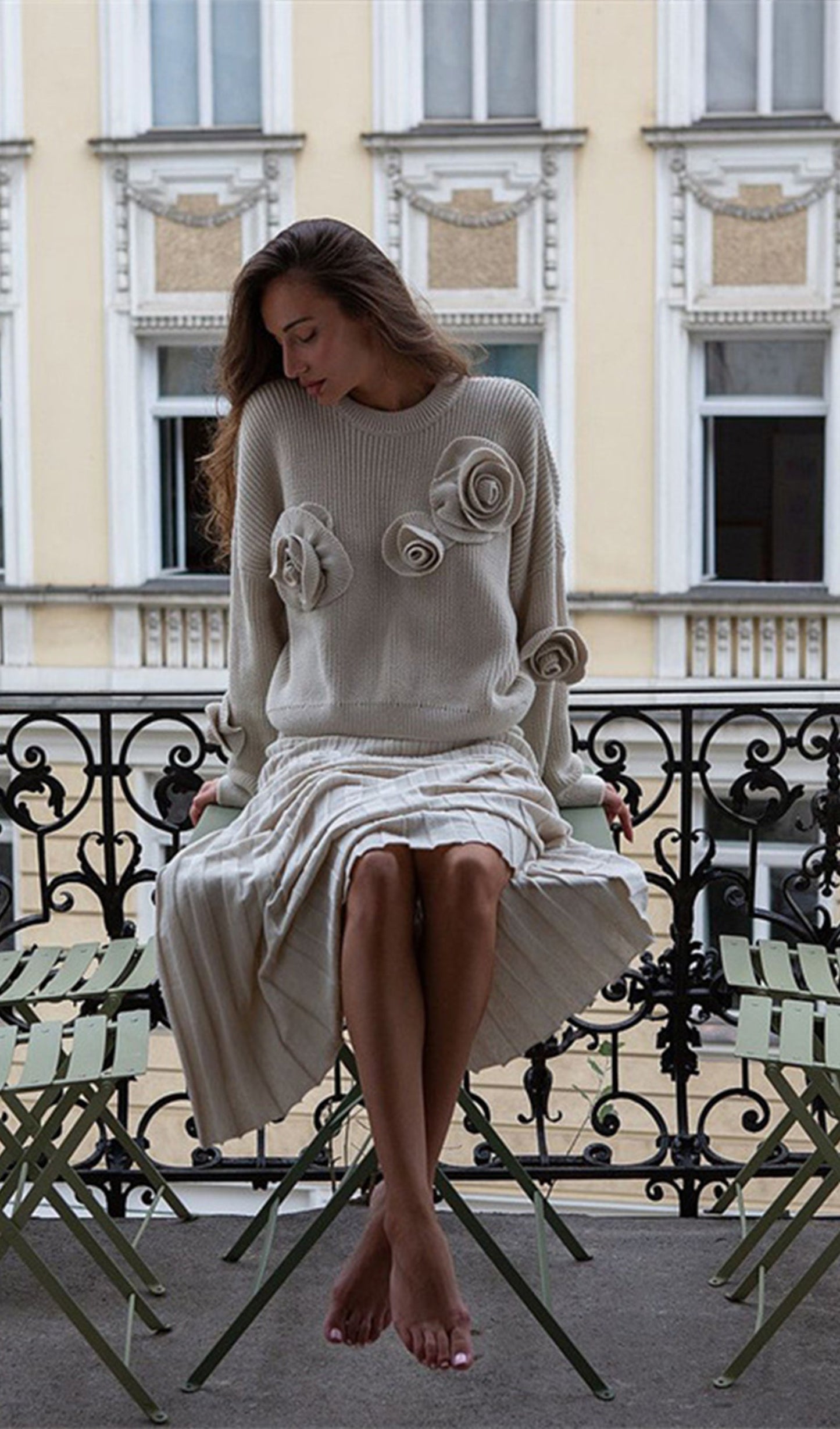 Çiçekli Solid Kazak Güllü Üst