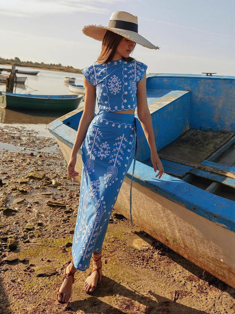 Etnik Desenli Crop Üst & Lastikli Şal Midi Etek Takım