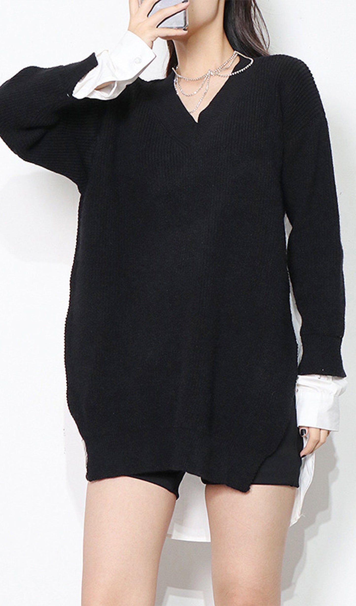 V Yaka Gömlek Patchwork Kazak Üst