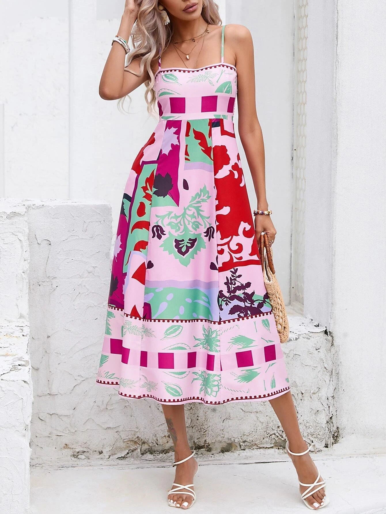 Soyut Patchwork Slip Maksi Elbise