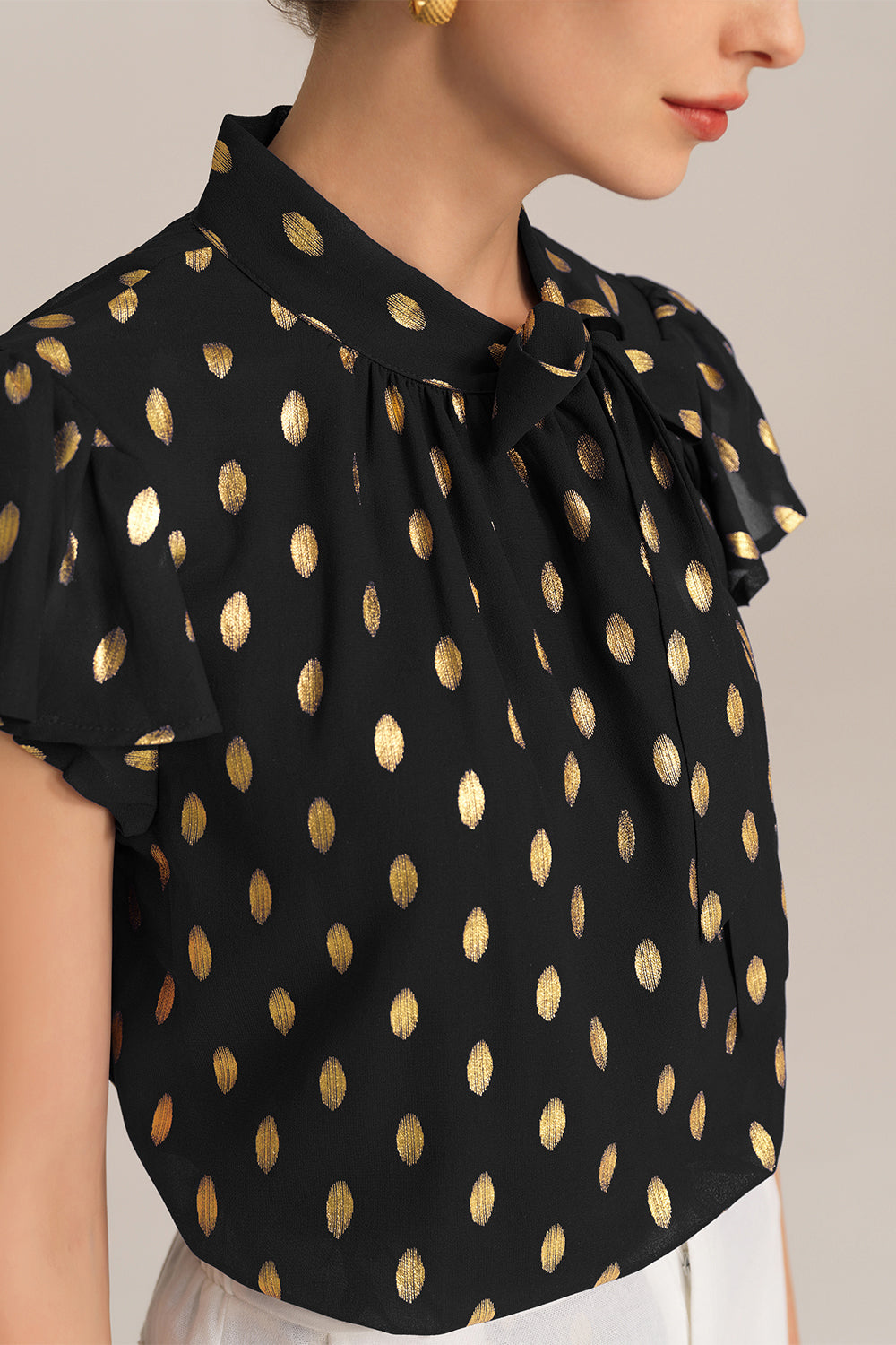 Günlük Sıcak Baskılı Kısa Kollu Dik Yaka Bluz Üstler - Siyah