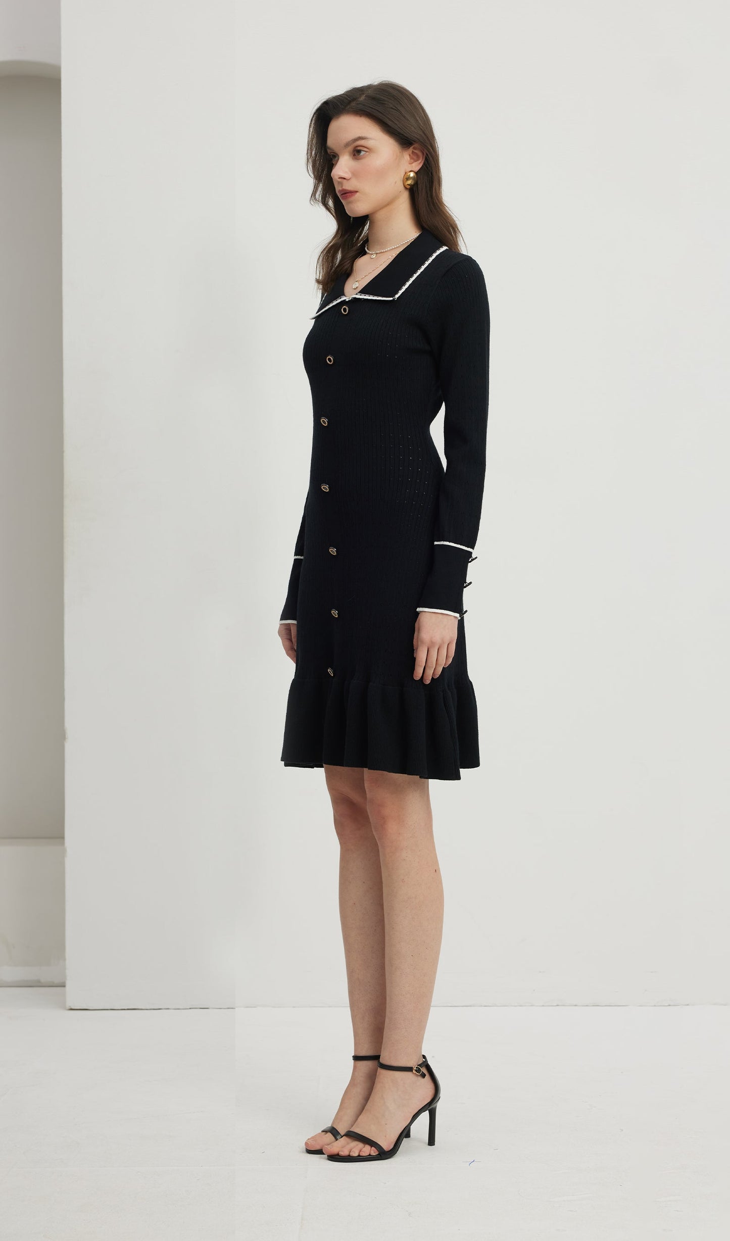 Fitted Textured Jersey Mini Elbise-Siyah