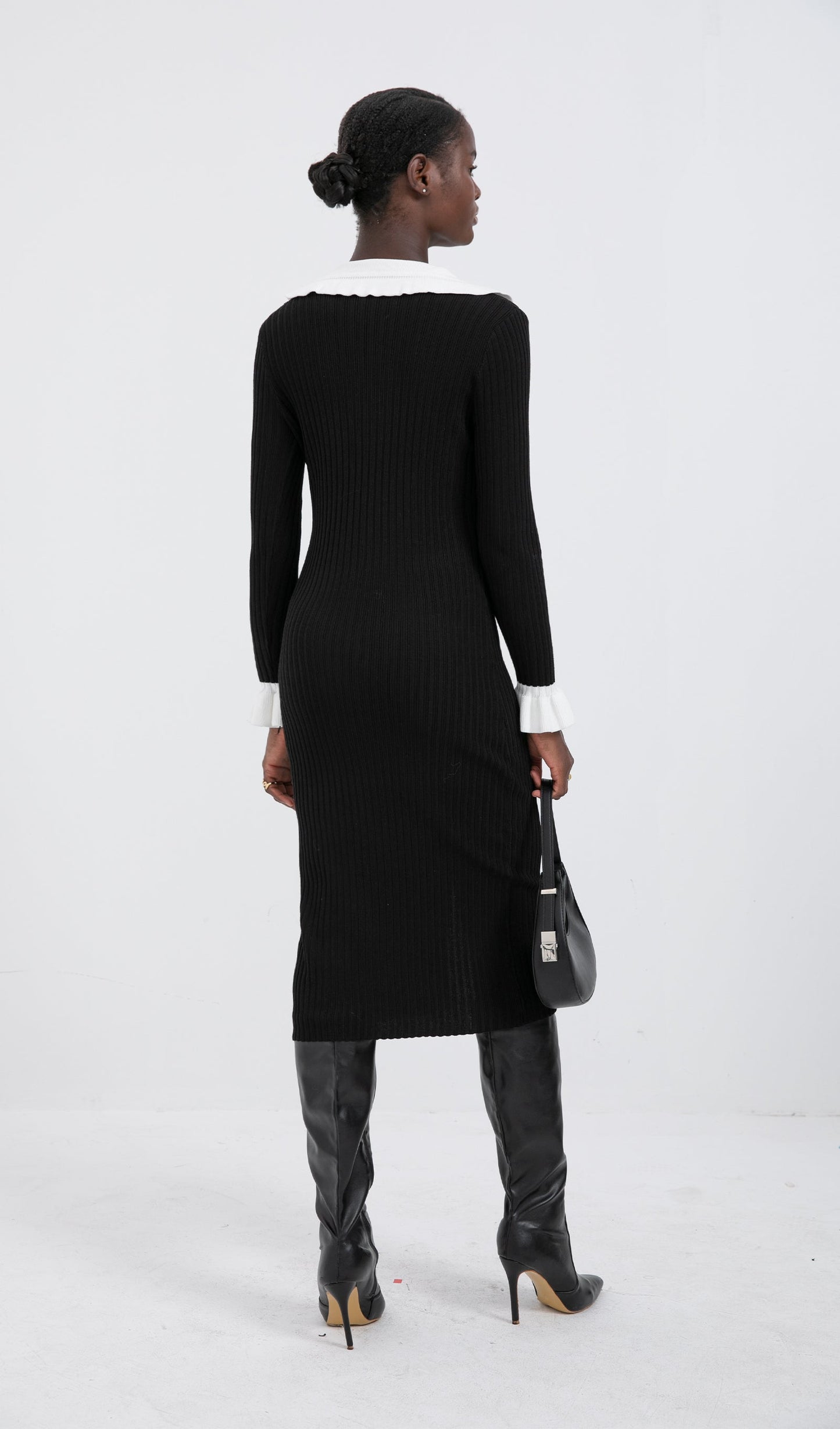 Trendy Jersey Fırfır Yaka Midi Elbise -Siyah