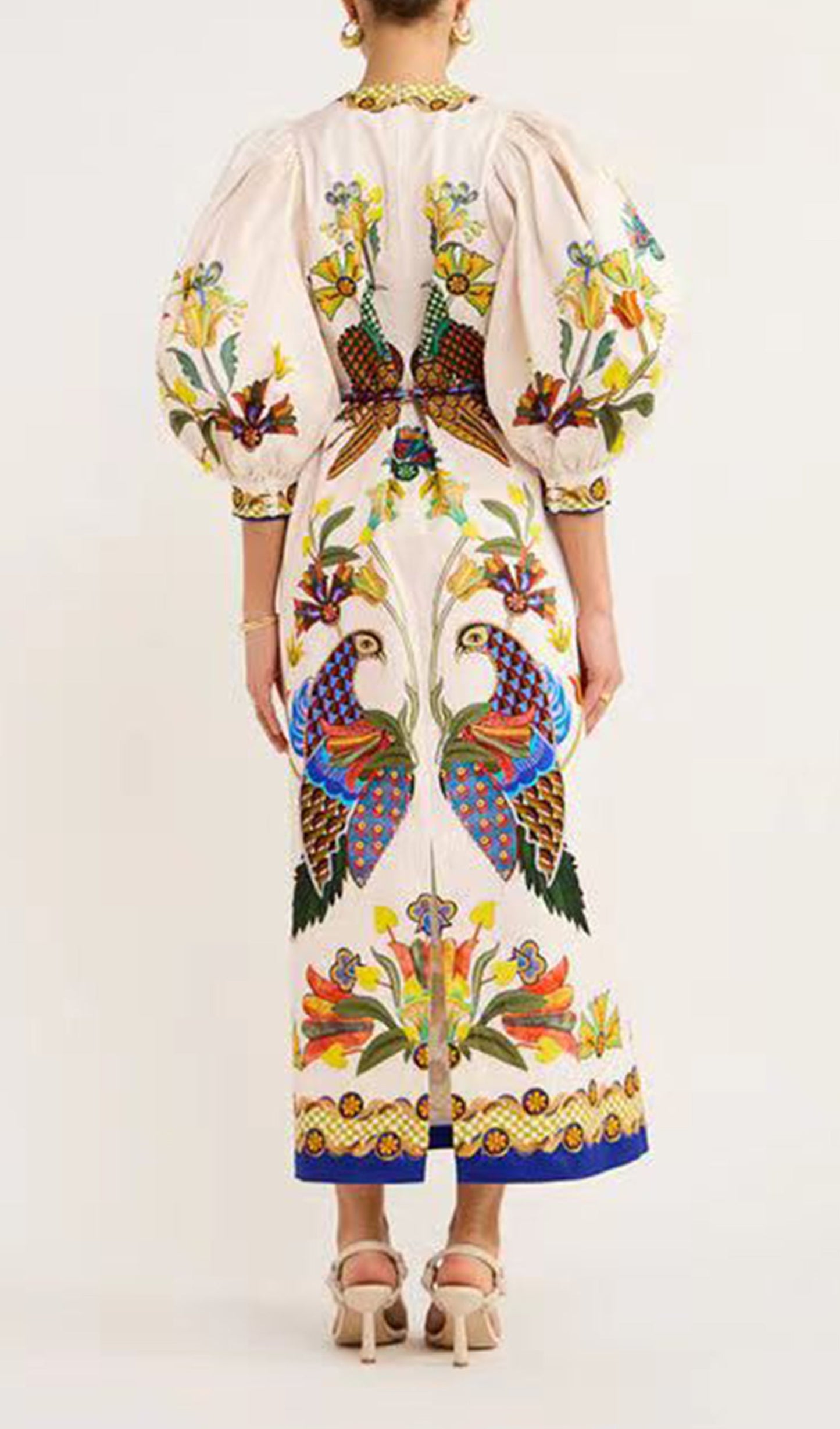 Çiçekli Jag Puf Kollu Midi Elbise