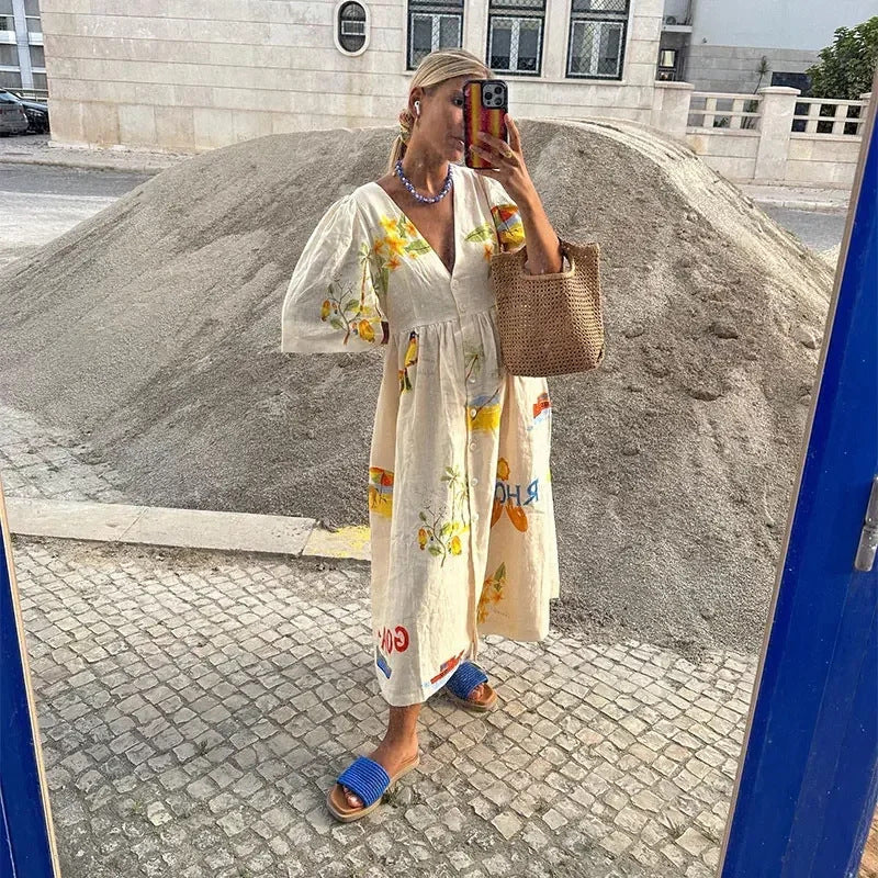 Baskılı Keten Midi Elbise