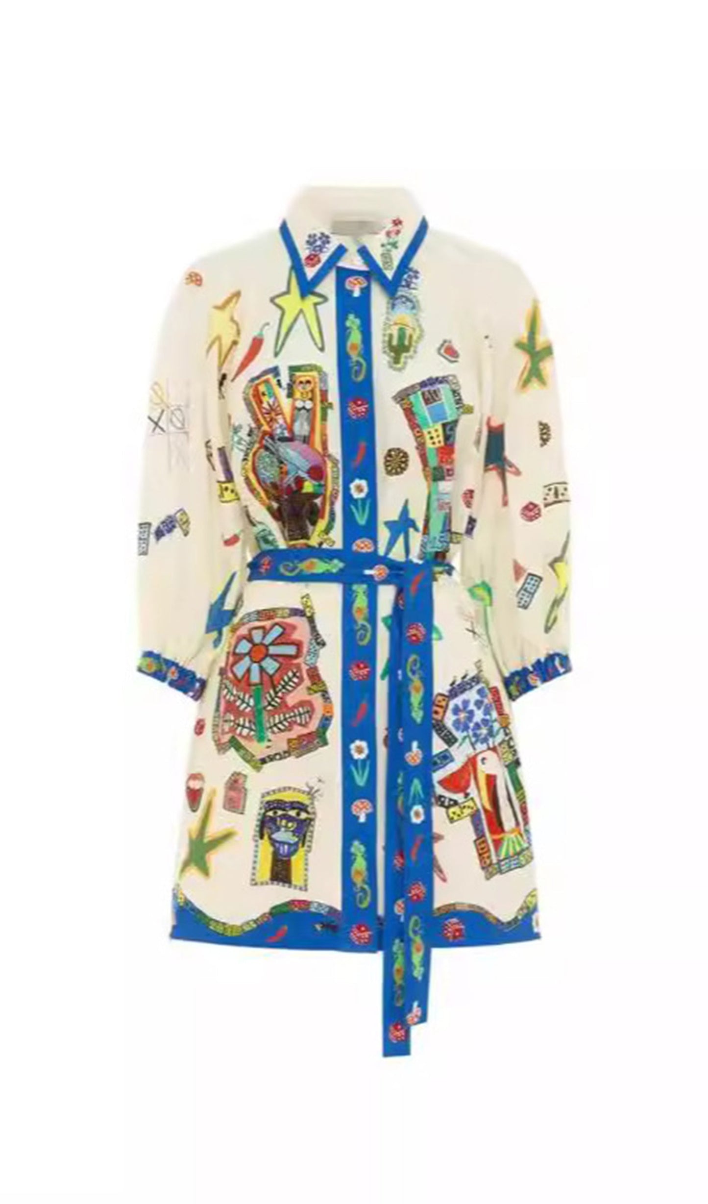 Çiçekli Yaka Kısa Gömlek Elbise Bel Kravat