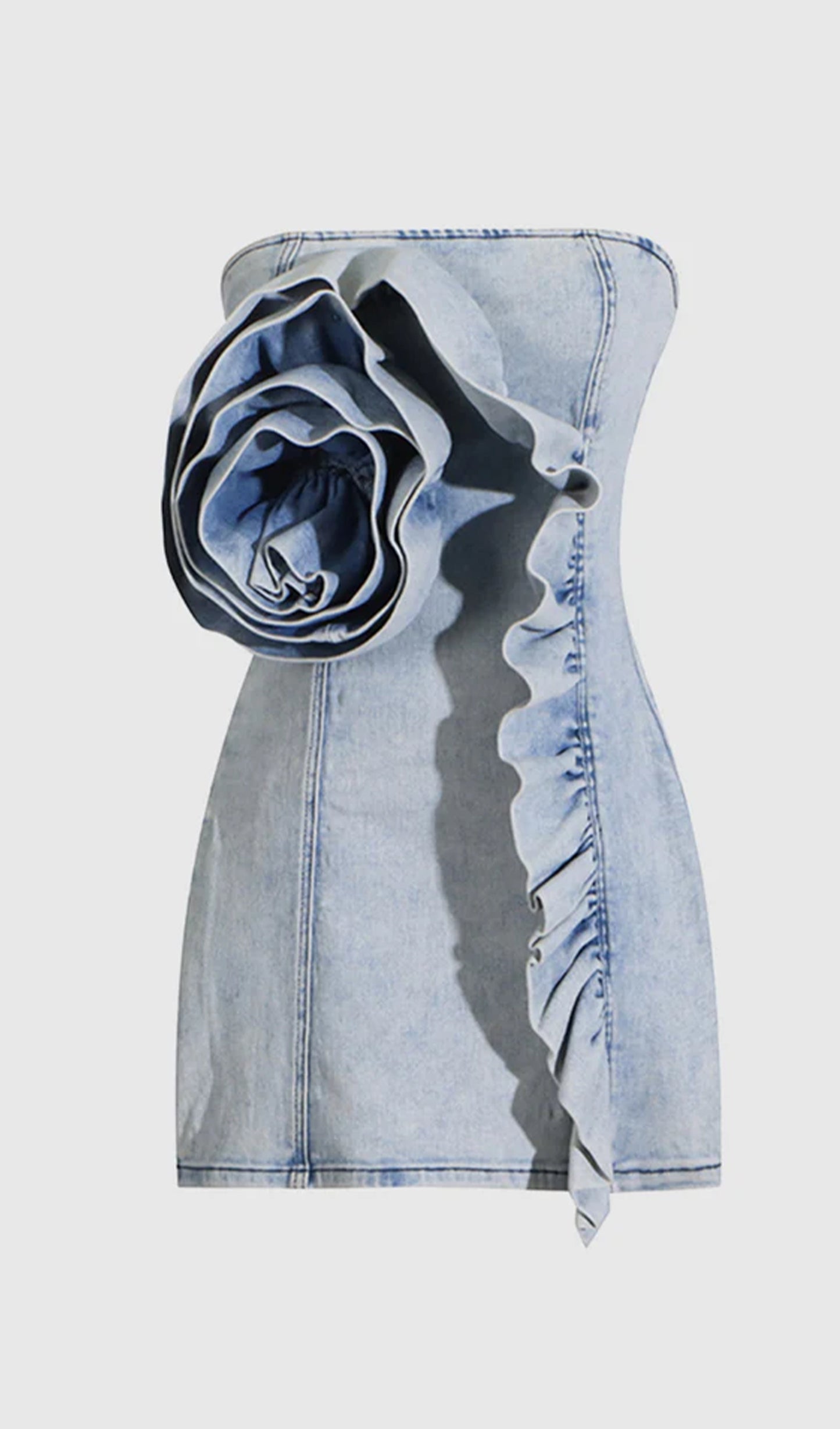 Çiçekli Omuzları Açık Denim Mini Elbise