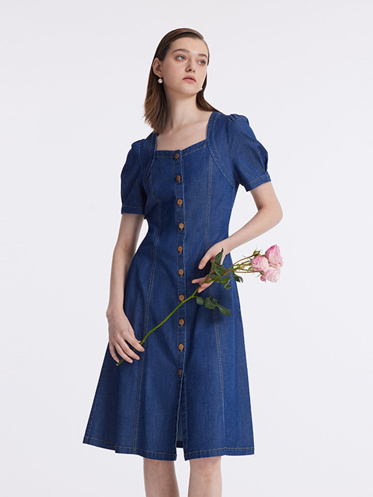 Denim Puf Kollu Tek Göğüslü Kadın Midi Kot Elbise