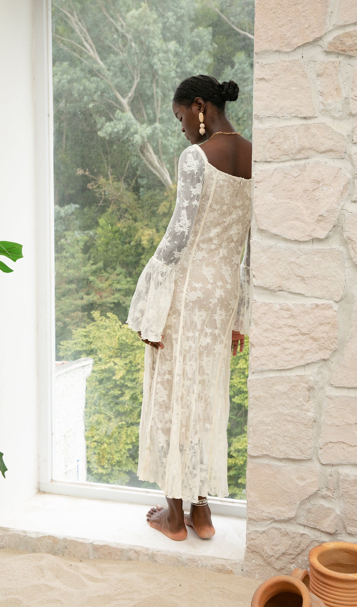 Trendy Vintage Krem Dantel Maksi Elbise