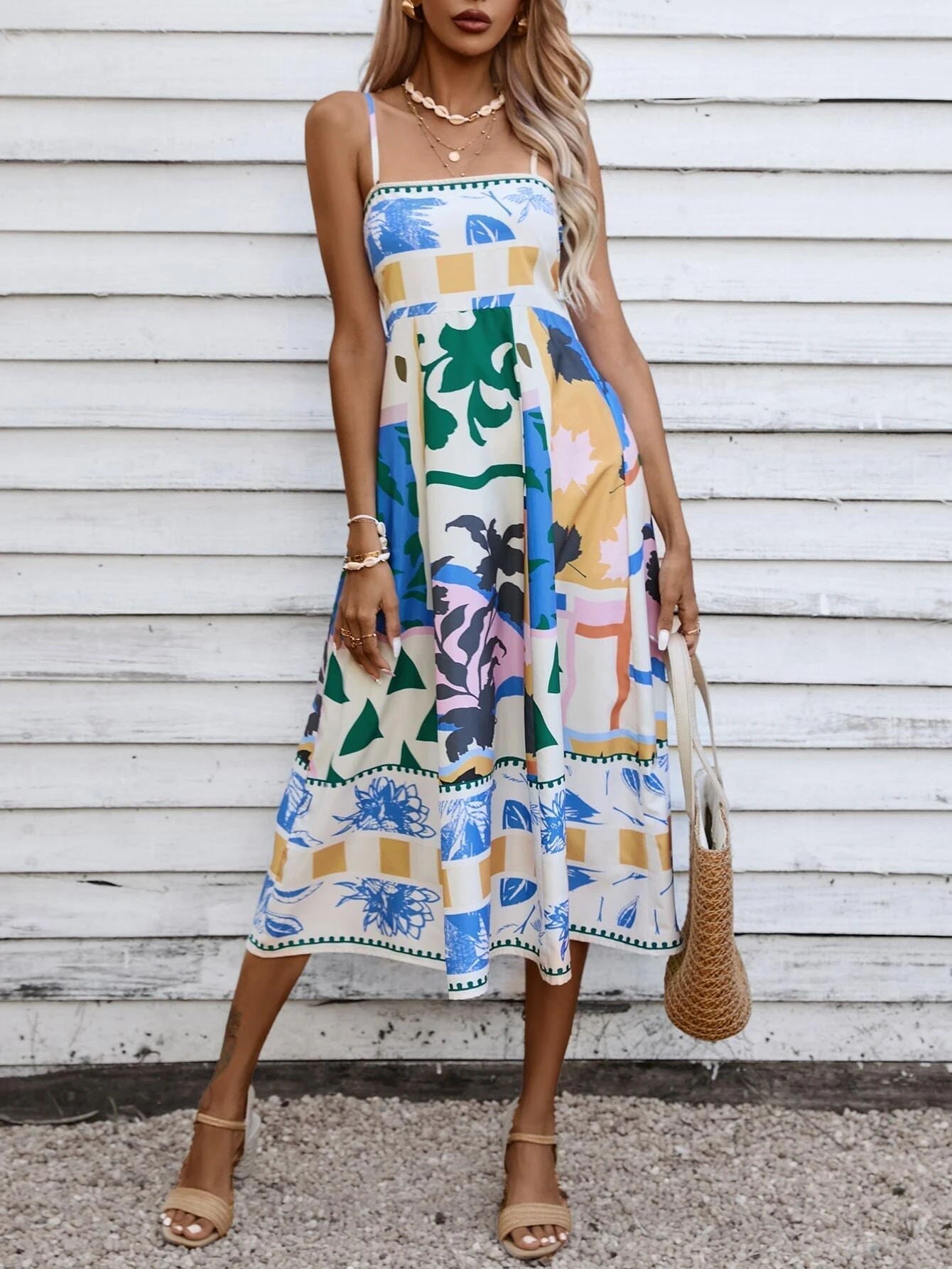 Soyut Patchwork Slip Maksi Elbise