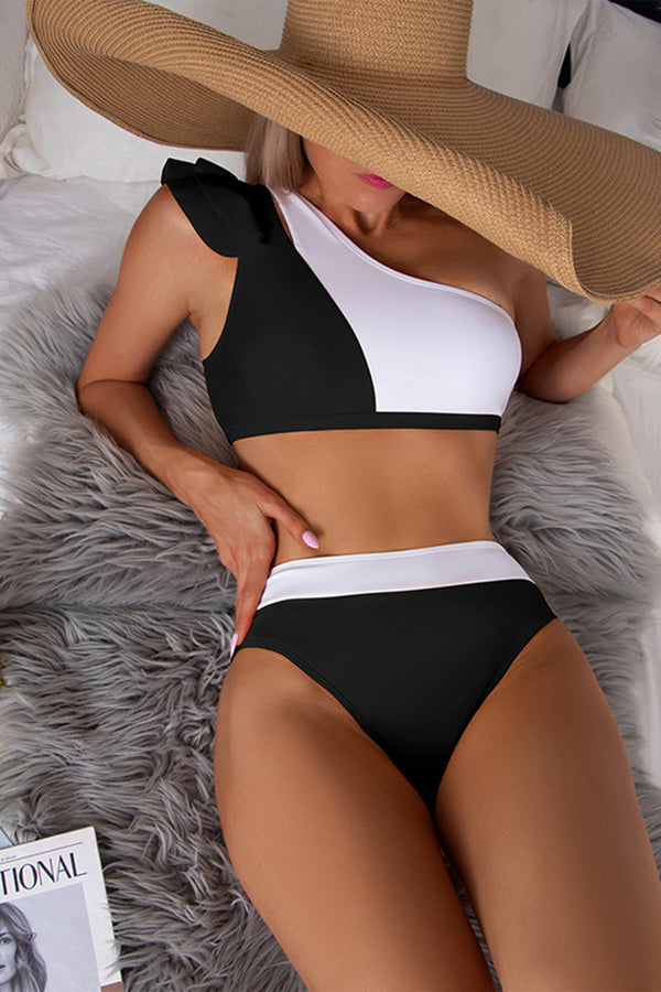 Şık Sade Tek Omuz Colorblock Bikini Mayo
