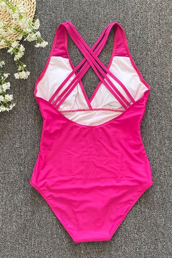 Düz Renk Sırtı Açık Üç Boyutlu Çizgili Tek Parça Mayo