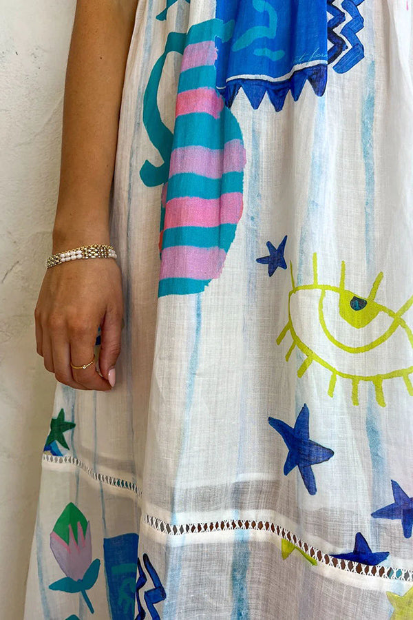 She's The Fun Keten Karışımlı Eğlenceli Baskılı Merdiven Kesimli Midi Elbise