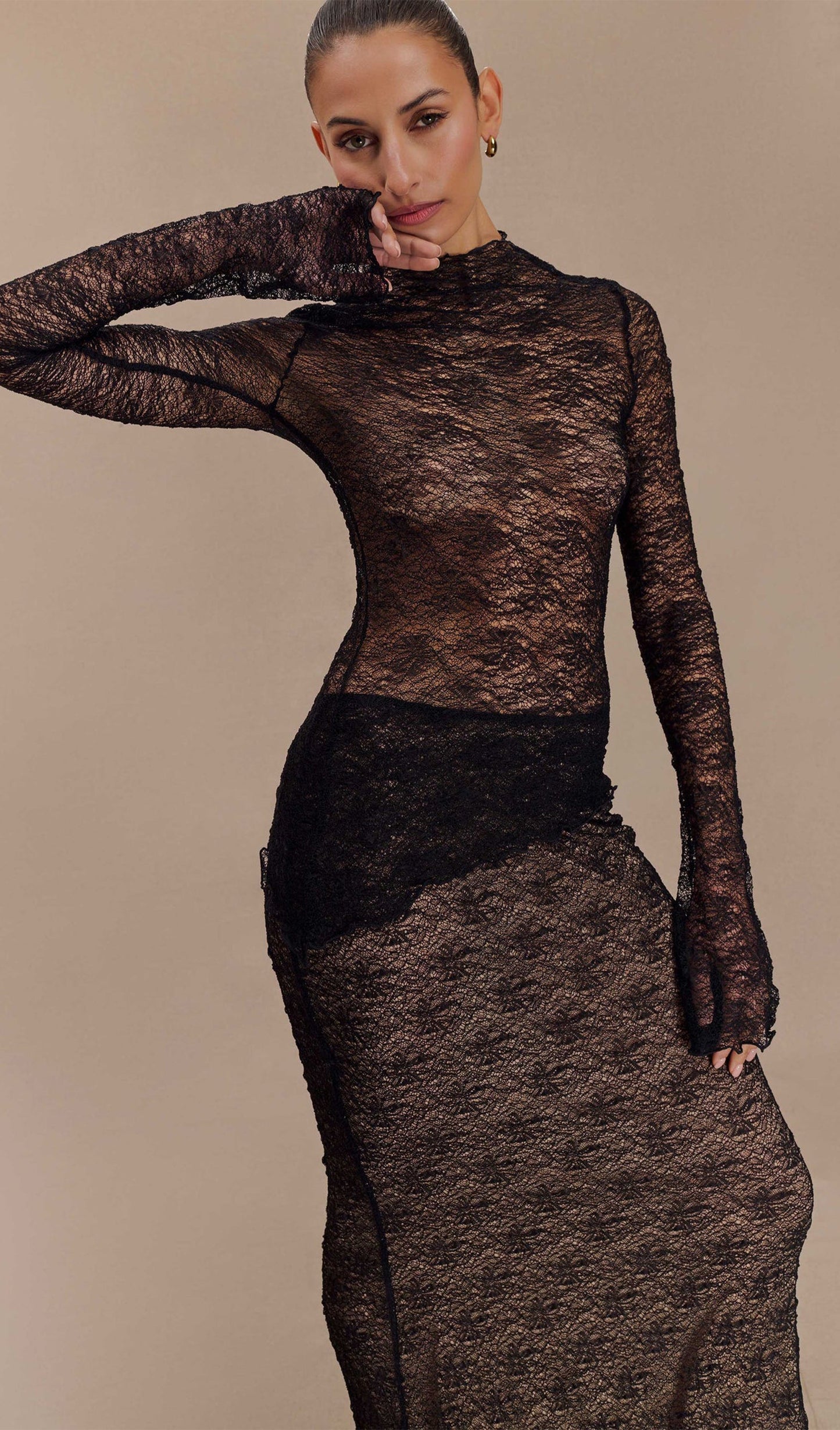 Şeffaf Dantel Uzun Kollu Üst - Siyah