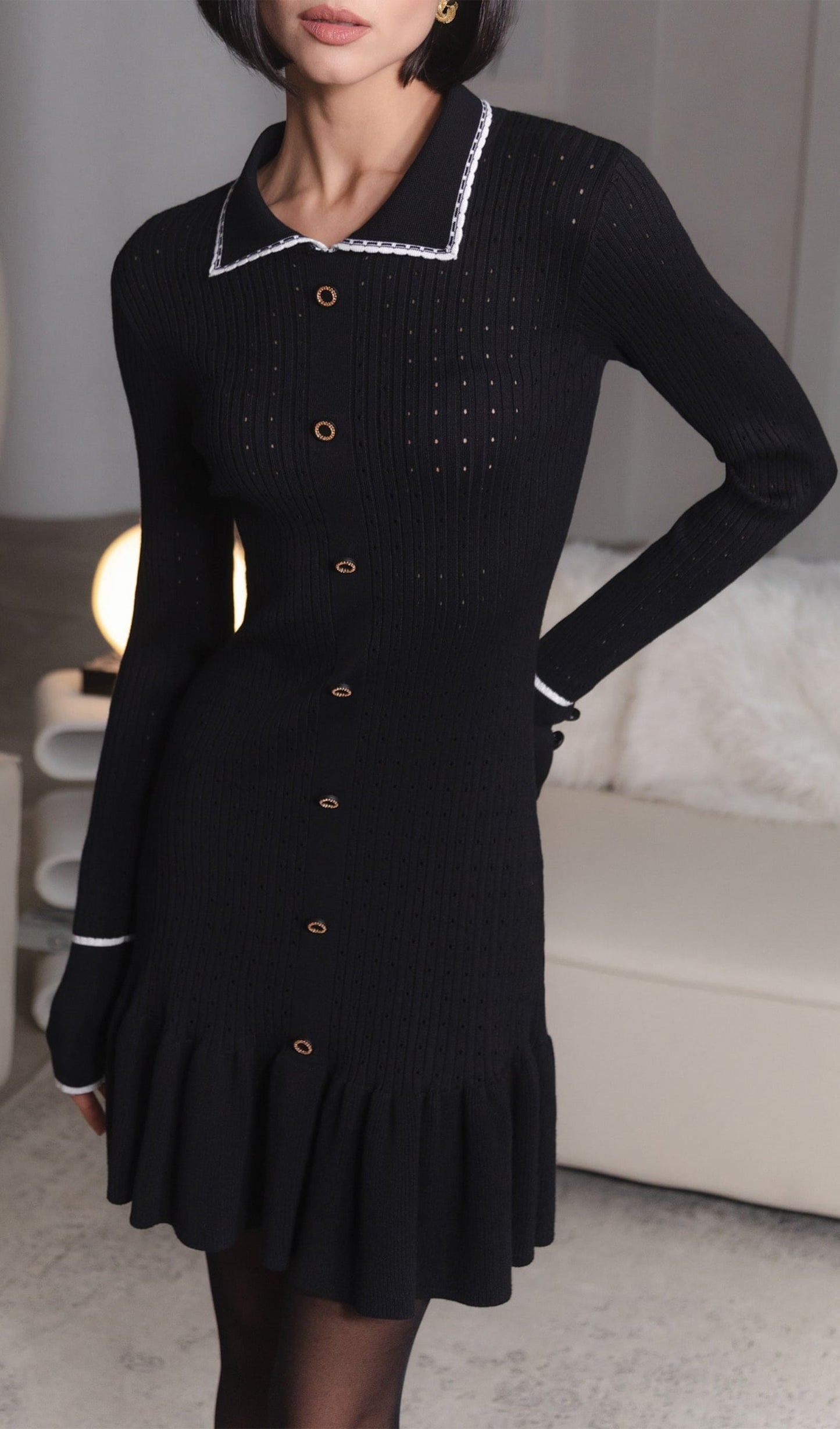 Fitted Textured Jersey Mini Elbise-Siyah