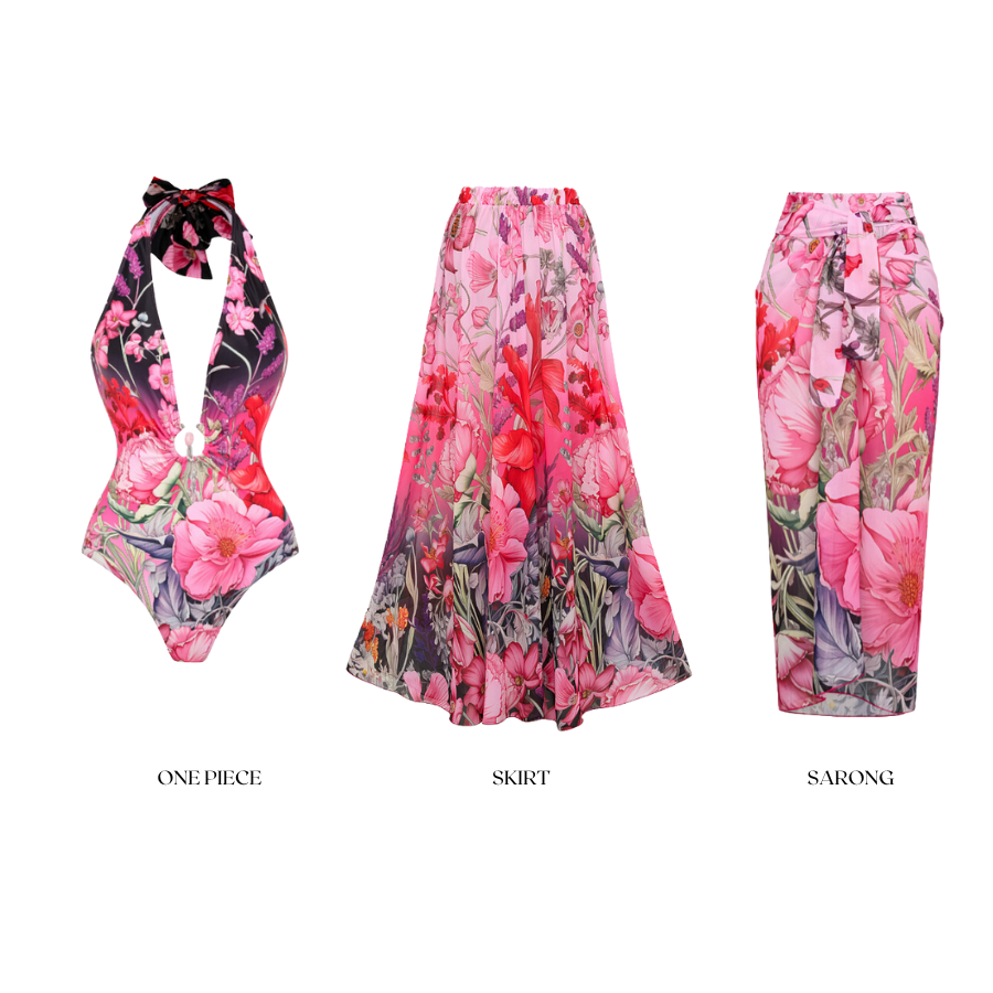 Derin V Yaka Yular Baskılı Tek Parça Mayo-Pareo