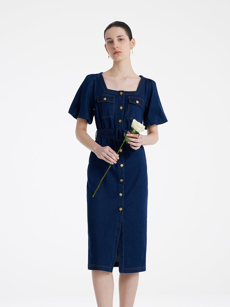 Puf Kollu Kare Yaka Denim Kadın Midi Kot Elbise Kemerli