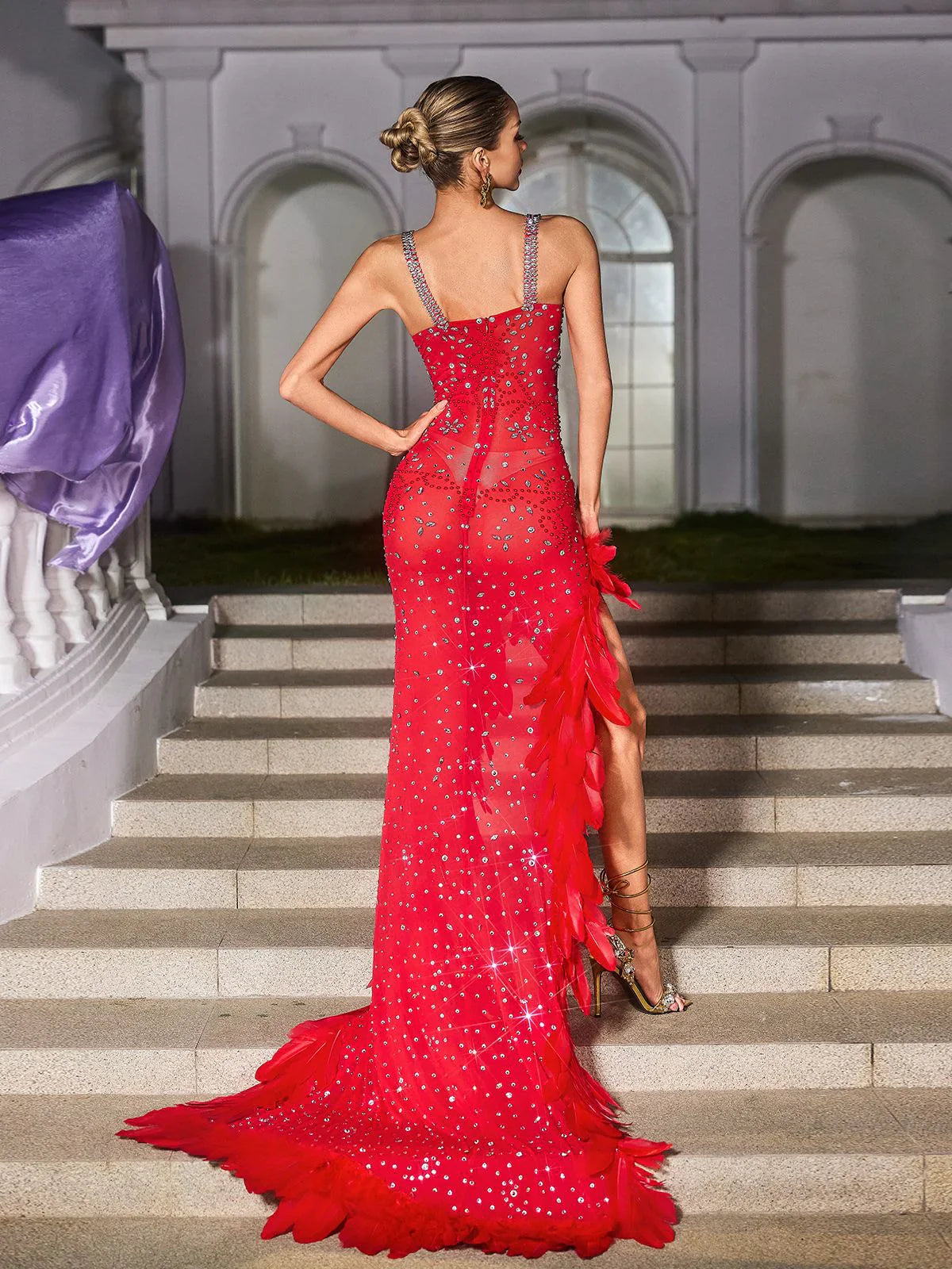Kızıl Halo Yapay Elmas Tüy Maxi Elbise