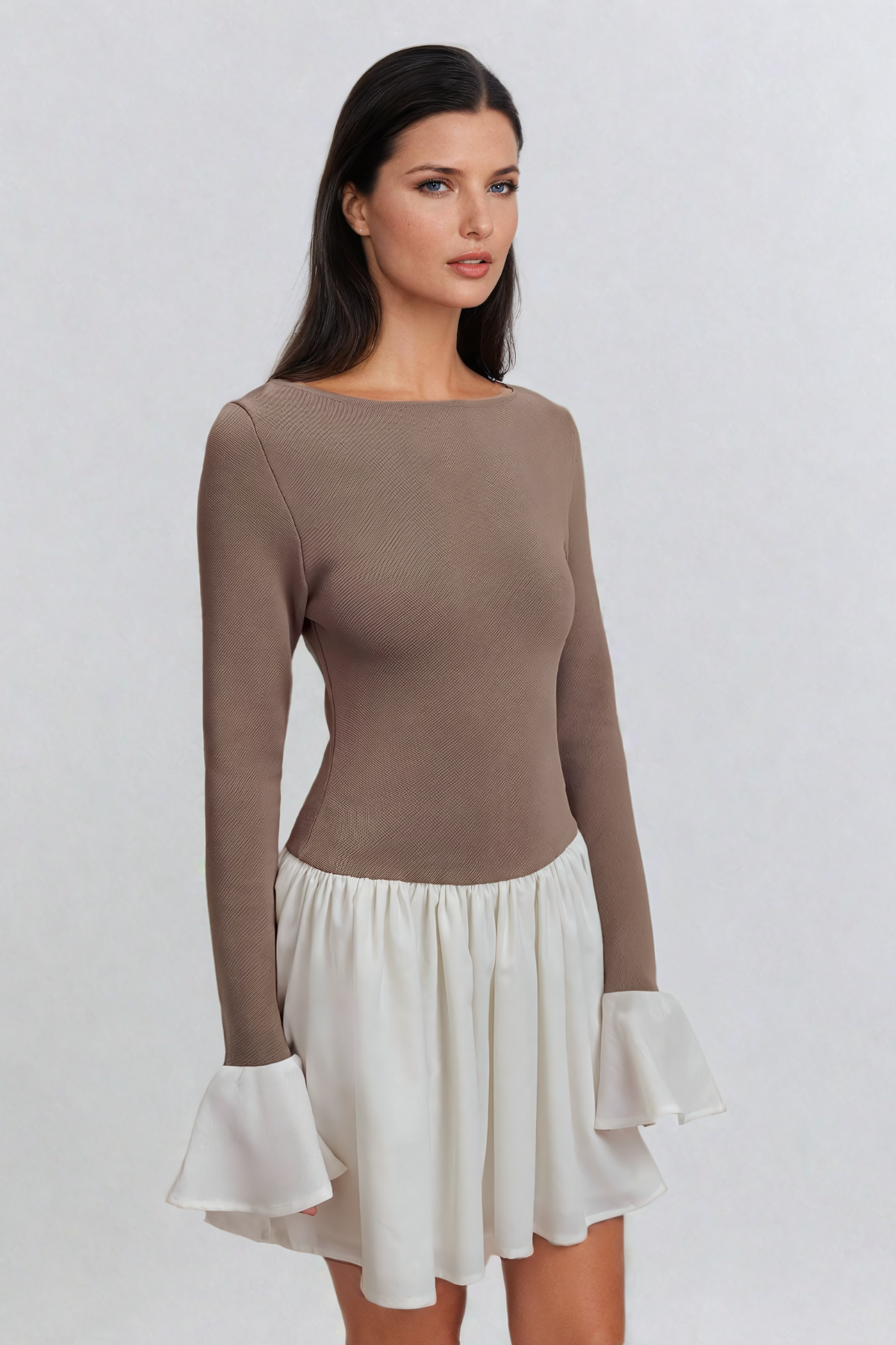 Adamma Deconstruct Fırfırlı Bodycon Mini Elbise Kahverengi