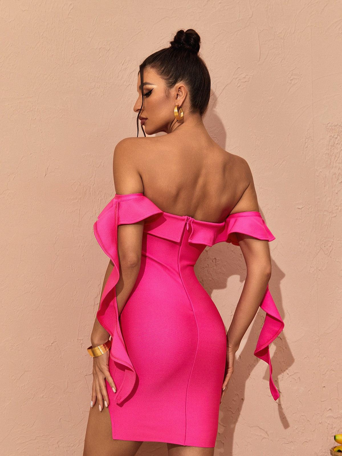 Alivia Düşük Omuzlu Fırfırlı Bandaj Mini Elbise Pembe